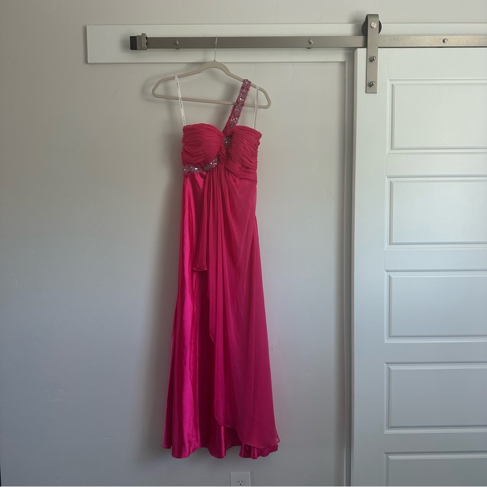 Pink One-Shoulder Cinderella Gown Jeweled Strap, Chiffon and Satin Size 4